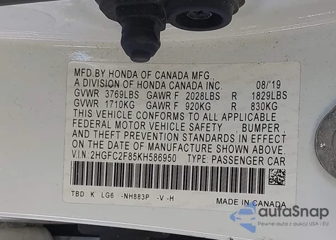 2019 Honda Civic Sport z USA, uszkodzony, nr VIN 2HGFC2F85KH586950